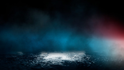 Empty street scene background with abstract spotlights light. Night view of street light reflected on water. Rays through the fog. Smoke, fog, wet asphalt with reflection of lights. 
