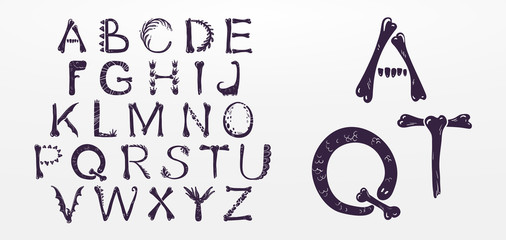 Set of silhouettes, dino skeletons, dinosaurs, fossils. Hand drawn vector illustration. Realistic Sketch collection: diplodocus, triceratops, tyrannosaurus, doodle pattern