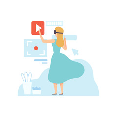 Woman Wearing VR Goggle Headset with Touching Interface, Modern Virtual Technologies, Innovative Gadget Vector Illustration