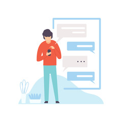 Man Using Smartphone or Mobile Phone with Chat or Messenger Application, Modern Technologies, Innovative Gadget Vector Illustration