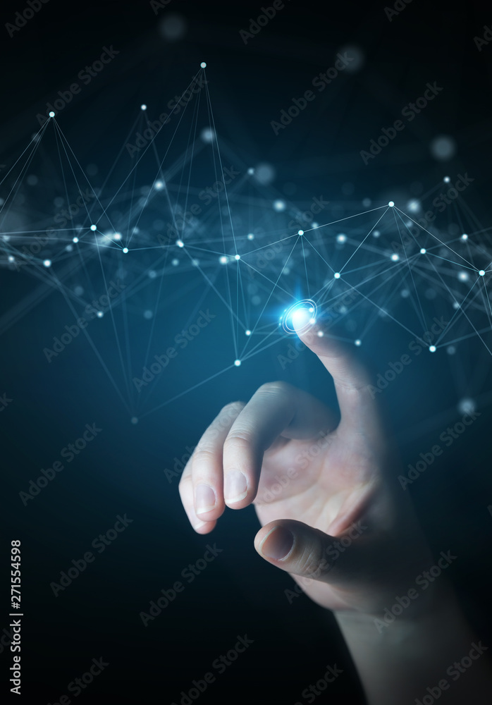 Fototapete Businessman using floating digital network connections with dots and lines 3D rendering