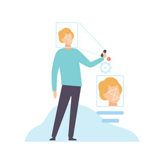 Facial Recognition Technology, Man Using Gadget with Biometric Scanning Identification Vector Illustration