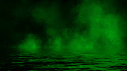 Obraz premium Smoke with reflection in water. Green mistery fog texture background.