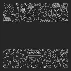 Vector pattern with kindergarten, toy children. Happy children illustration. monochrome chalk drawing on blackboard.