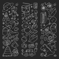 Vector pattern with kindergarten, toy children. Happy children illustration. monochrome chalk drawing on blackboard.