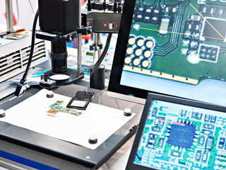 Electronic boards and chips, industrial microscope