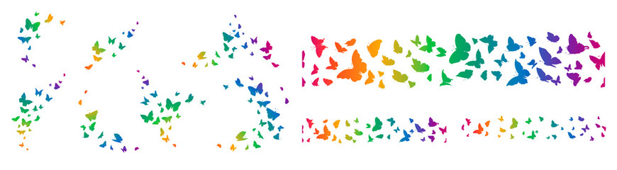 Obraz na płótnie Canvas Set of butterflies, ink silhouettes. Glowworms, fireflies and butterflies icons isolated on white background. Hand drawn elements, Vector illustration.