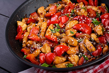 Stir fry chicken, sweet peppers and green onion. Asian cuisine