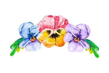 Fototapeta na wymiar Watercolor floral bouquet of three blooming heads of viola pansy of red and yellow blue and purple in a semicircle on a white background isolation, cut out