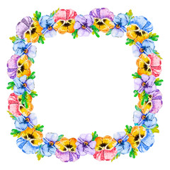 Wedding invitation with heartsease viola flowers. Floral template for your text. Square frame with pansy multicolored flowers and foliage in white background