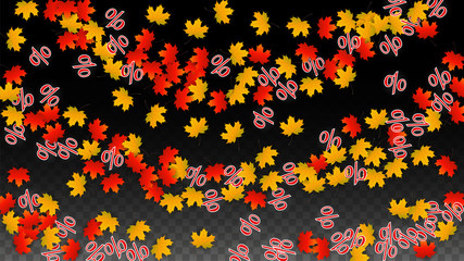 Vector Percentage Sign and Autumn Leaves Confetti on Transparent Background. Percent Sale Background. Business, Economics, Finance Print. Discount Illustration. Promotion poster. Black Friday Banner. 
