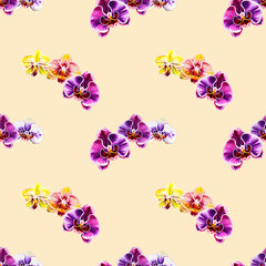 Seamless pattern from orchid flowers. Watercolor painting. Exotic plant. Floral print. Botanical composition. Wedding and birthday. Greeting card. Flower painted background. Hand drawn illustration.
