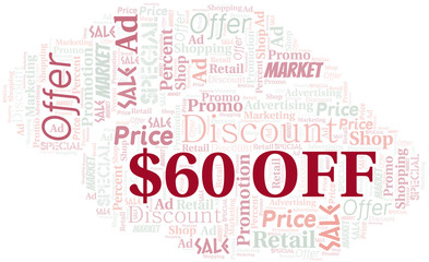 Fototapeta premium $60 Off word cloud. Wordcloud made with text only.