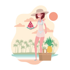 woman with swimsuit and portion of watermelon in hand