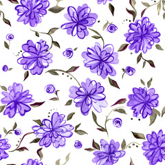 Seamless hand painted pattern with flowers and leaves. Floral ornament. Watercolor