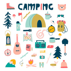 Hand drawn camping and hiking elements, isolated on white background in Scandinavian style.
