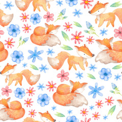 Cartoon watercolor. Children's illustration. Seamless pattern with a cute orange fox, flowers, leaves. White background