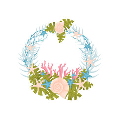 Decorative marine wreath of blue branches with pink shells. Vector illustration.