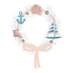 Obraz na płótnie Canvas Decorative nautical wreath of rope with anchor and sailboat. Vector illustration.