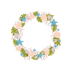 Decorative wreath of marine themes from thin branches with green algae. Vector illustration.
