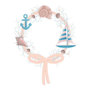 Decorative nautical wreath of rope with anchor and sailboat. Vector illustration.