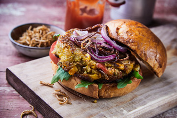Speciality insect burger with fried mealworms