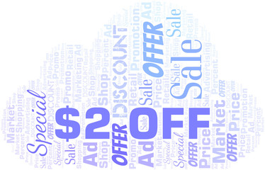 Obraz premium $2 Off word cloud. Wordcloud made with text only.