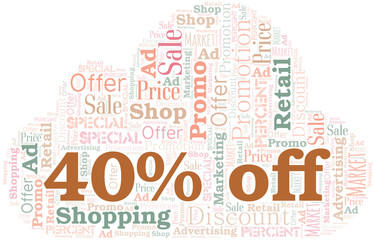 40% Off word cloud. Wordcloud made with text only.