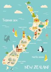 Illustrated Map of New Zealand with Landmarks and Cultural Symbols &ndash; Cute Travel Poster