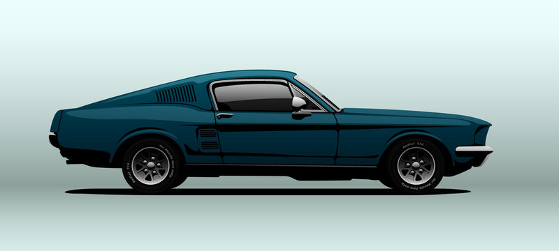 Blue muscle car, view from side, in vector