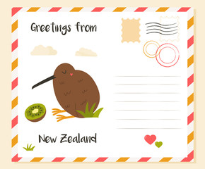 New Zealand postcard with kiwi bird and fruit