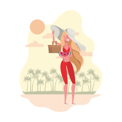 Obraz na płótnie Canvas woman with swimsuit and straw picnic