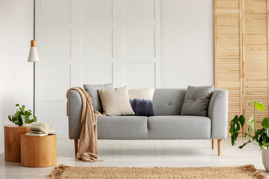 Gray Couch In The Center Of Modern Living Room