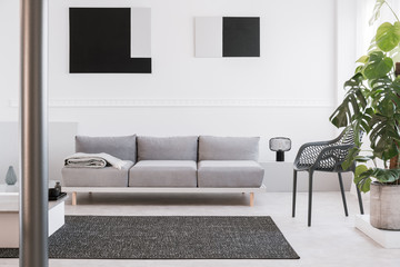 Fancy grey metal chair next to comfortable couch in bright living room