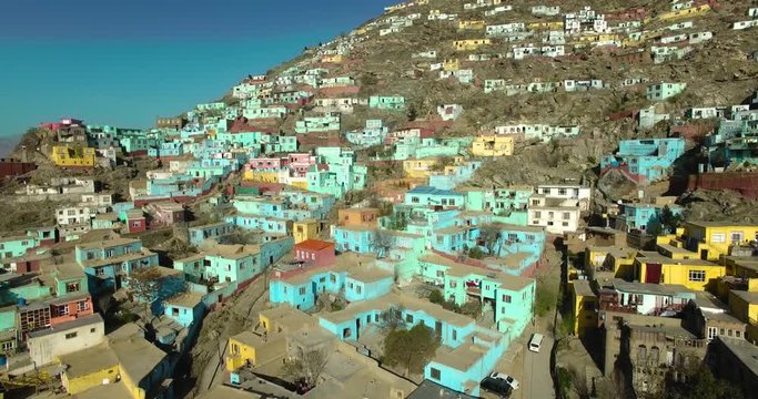 A Drone shot of the houses in Kabul, Afghanistan there living Afghan people family on the mountain.