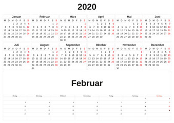 2020 a monthly calendar  with white background in German.