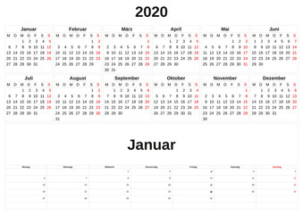 2020 a monthly calendar  with white background in German.