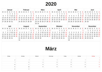 2020 a monthly calendar  with white background in German.