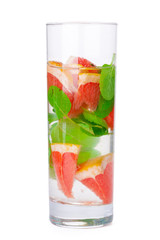 cold drink with different citrus and herbs in glasses on a white background. Cocktail