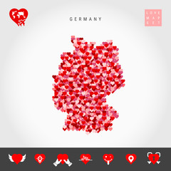 I Love Germany. Red and Pink Hearts Pattern Vector Map of Germany Isolated on Grey Background. Love Icon Set.