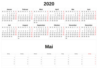 2020 a monthly calendar  with white background in German.