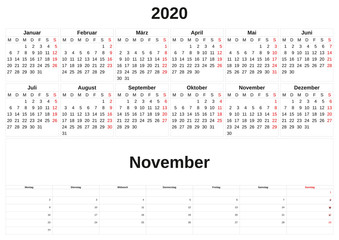 2020 a monthly calendar  with white background in German.