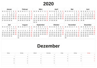 2020 a monthly calendar  with white background in German.