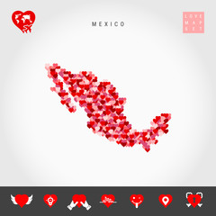 I Love Mexico. Red and Pink Hearts Pattern Vector Map of Mexico Isolated on Grey Background. Love Icon Set.
