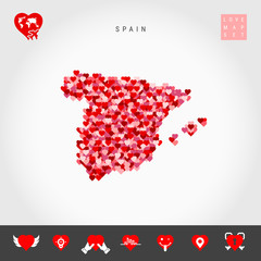 I Love Spain. Red and Pink Hearts Pattern Vector Map of Spain Isolated on Grey Background. Love Icon Set.