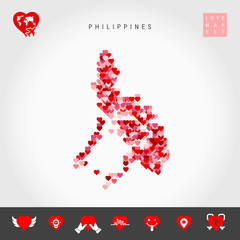 I Love Philippines. Red and Pink Hearts Pattern Vector Map of Philippines Isolated on Grey Background. Love Icon Set.