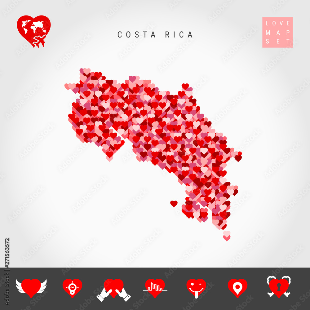 Wall mural i love costa rica. red and pink hearts pattern vector map of costa rica isolated on grey background.