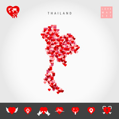 I Love Thailand. Red and Pink Hearts Pattern Vector Map of Thailand Isolated on Grey Background. Love Icon Set.