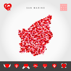 I Love San Marino. Red and Pink Hearts Pattern Vector Map of San Marino Isolated on Grey Background. Love Icon Set.