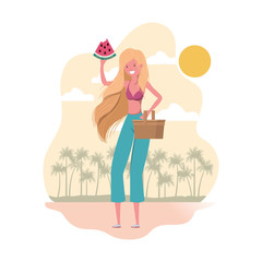 woman with swimsuit and portion of watermelon in hand